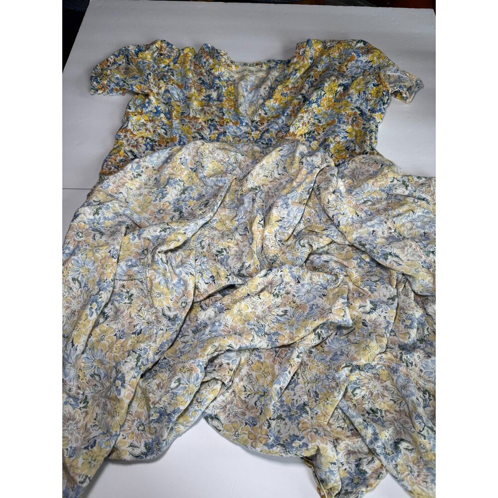 Brass and Roe Floral Mini Dress Women Large Boho Cottagecore Tiered Yellow/Blue - Picture 5 of 13